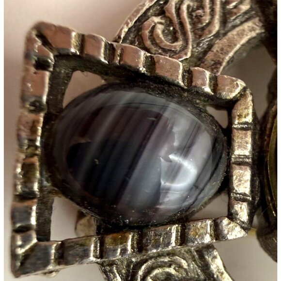 VTG Celtic Style Multi Stone Glass Agate Brooch Round Faux Turquoise Lapis Fashi - Picture 6 of 10